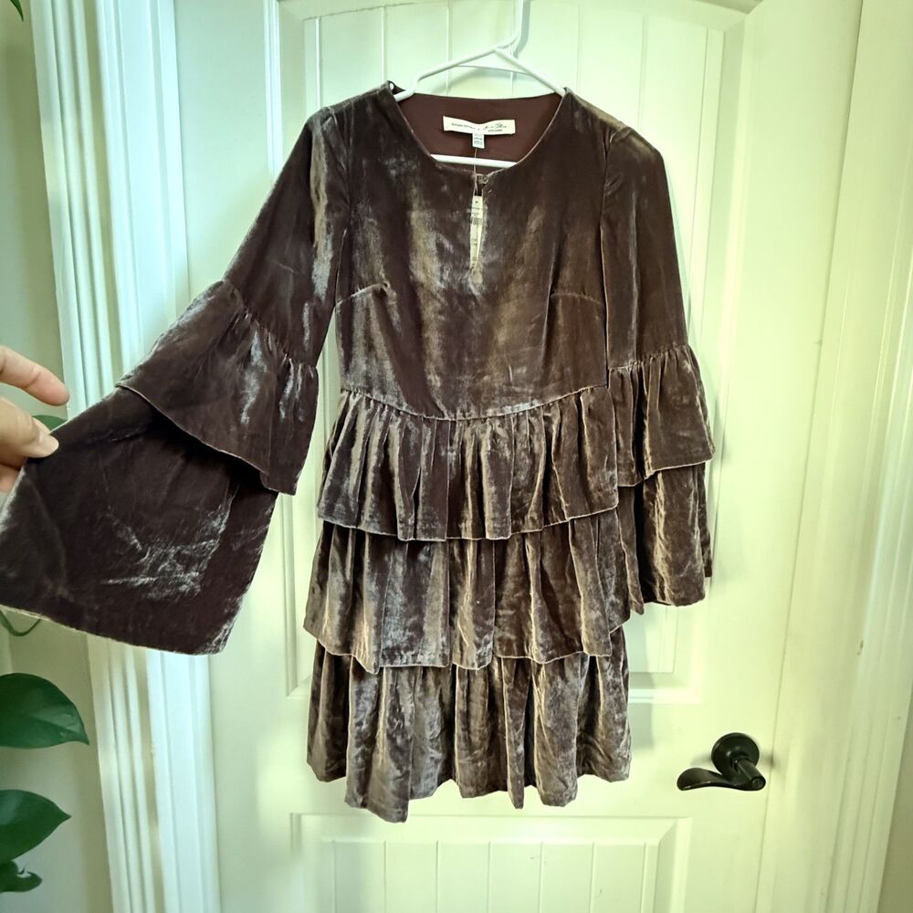 Banana Republic x Olivia Palermo Tiered Velvet Ruffle Dress Brown NWT 00P - Picture 2 of 10
